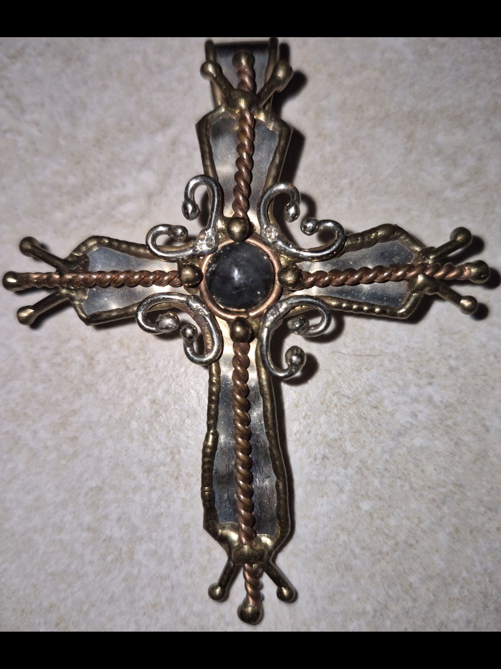 Lg 3.5” Handcrafted Mixed-Metal Cross Pendant–Natural Labradorite Stmt Medallion